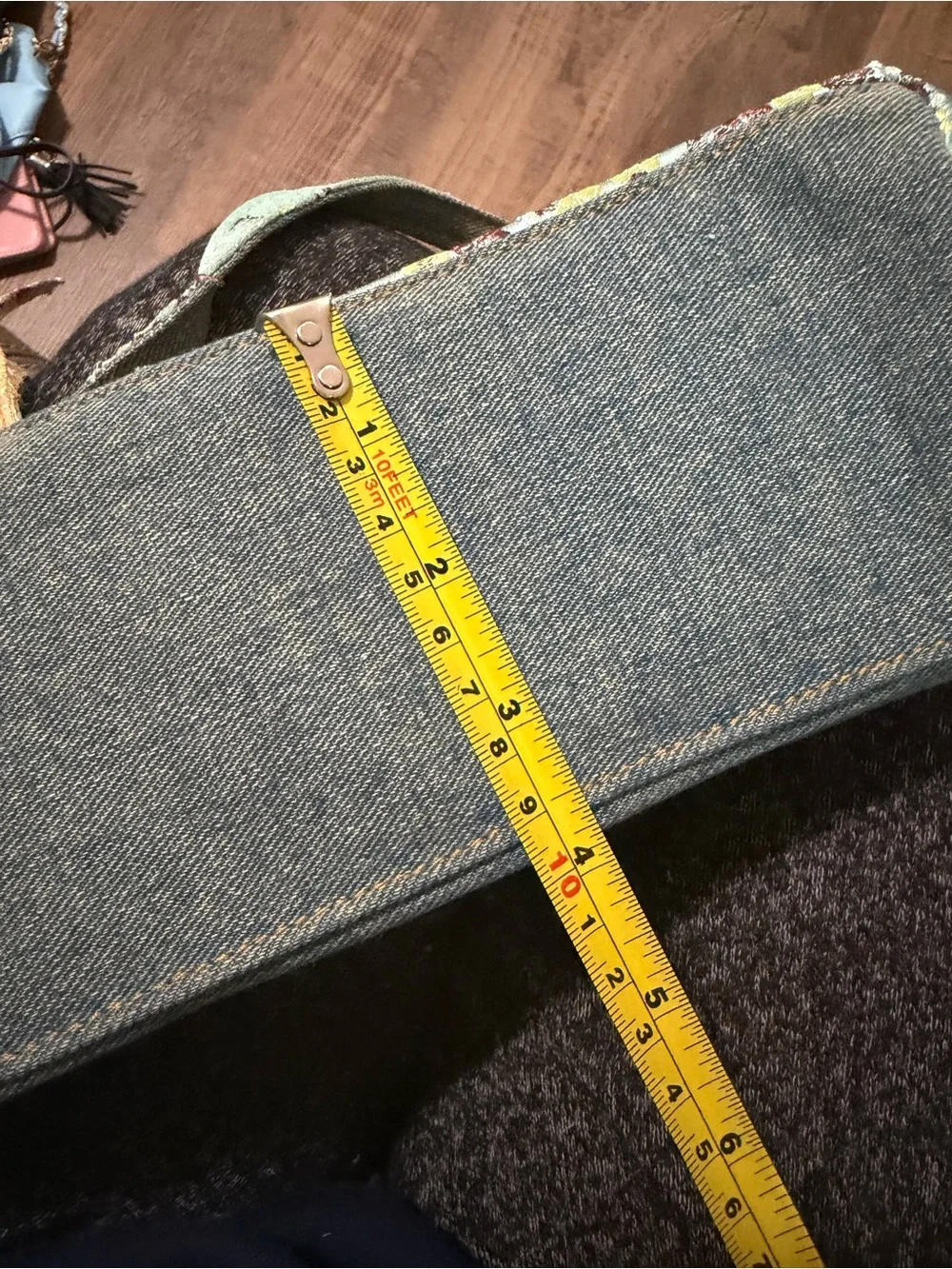 Patchwork Heart Denim Bag in Sage Green and gold accent colors.